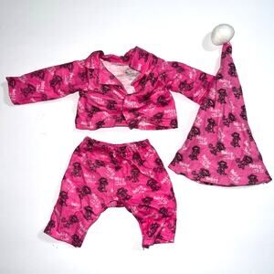 Bobby Jack Monkey Pajama Set Top Pants Hat Set of 3 Pink Flannel Doll Bear PJs